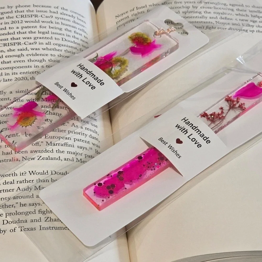 Handmade Resin Floral Bookmarks Real Pressed Flowers Pink Glitter Tassels Set 2